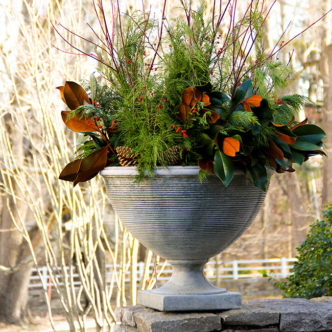 The LaurelRock Company provides year-round property enhancements such as Winter holiday planters.